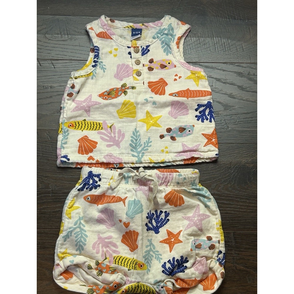 Old Navy Baby Double Weave Tank Top And Short Set Sz 6-12 Months Fish Seashells